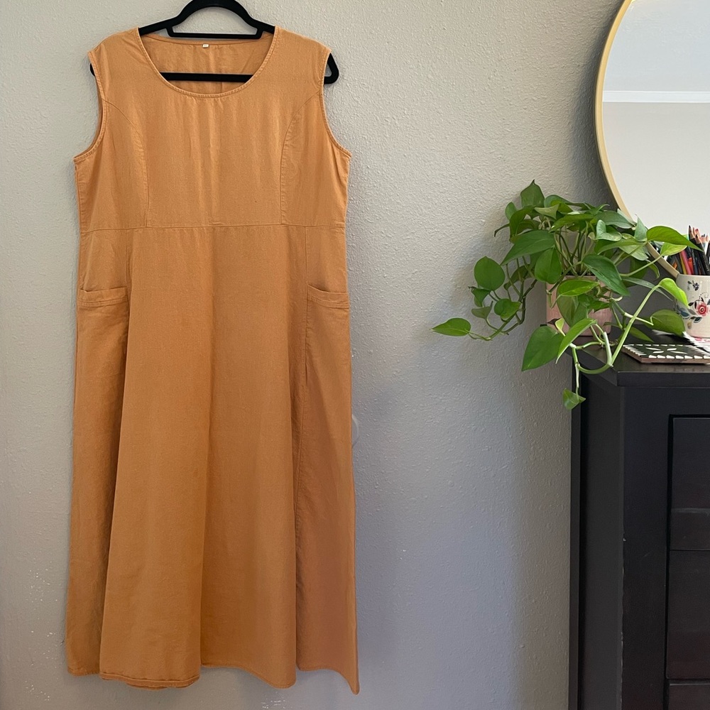 Summer Peach Sleeveless Cotton Apron Style Maxi Dress